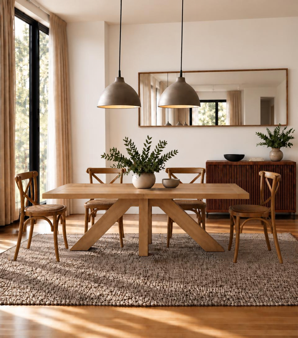 Juego de comedor Francia de madera lenga con sillas Cruzeta café, vista frontal
