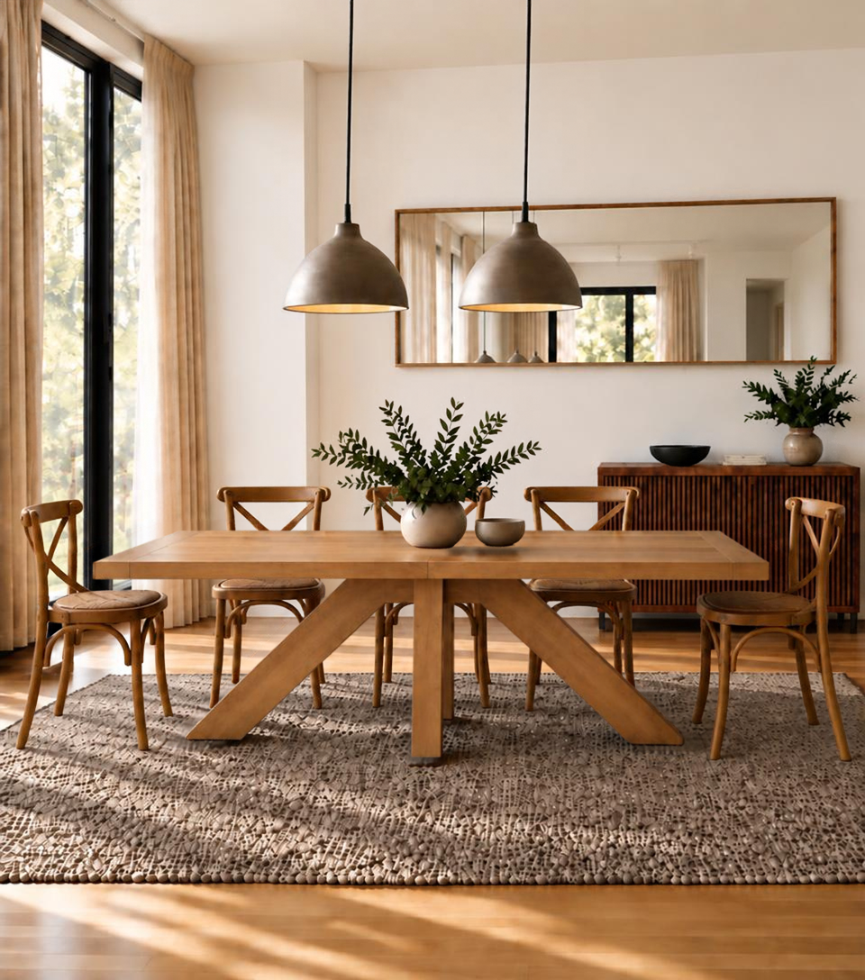 Juego de comedor de madera Francia con base en estrella y sillas Cruzeta
