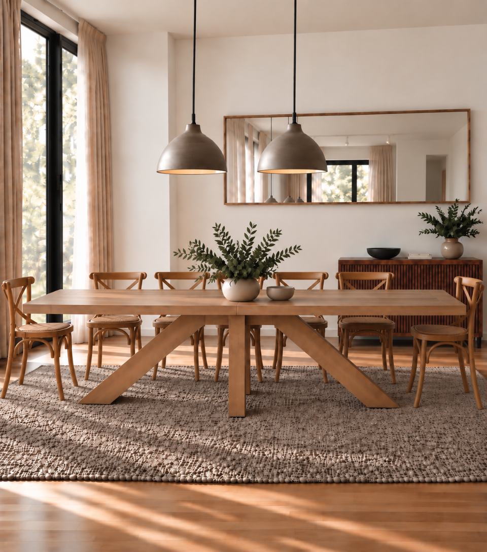 Juego de comedor de madera Francia con mesa extra larga y sillas Cruzeta