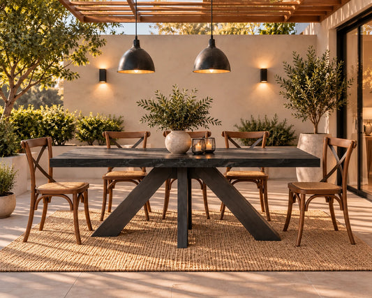 Comedor de terraza Francia con mesa carbonizada y 6 sillas Cruzeta café – imagen referencial
