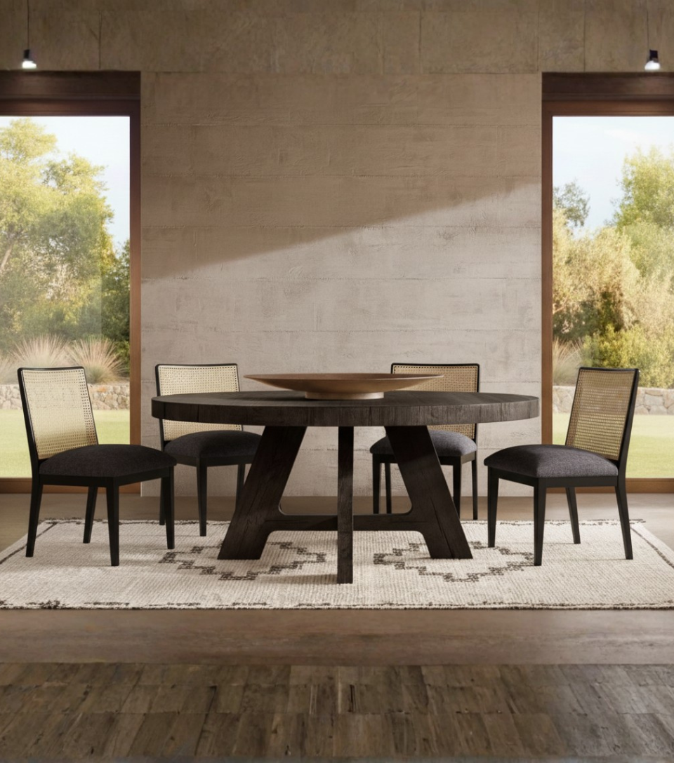 Juego de comedor moderno en madera lenga redondo a medida con sillas Atenea-negras – Greenwoods