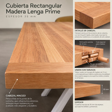 Detalle de la cubierta rectangular de lenga de 35 mm: cabezal macizo, unión con tarugos y espesor (imagen referencial)