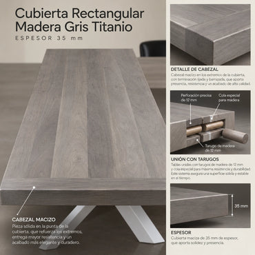 Detalle de la cubierta rectangular de lenga gris titanio de 35 mm: cabezal macizo, unión con tarugos y espesor (imagen referencial)