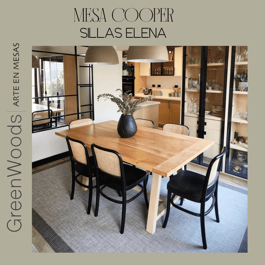 Juego de mesa de comedor Cooper en madera lenga y silla Elena en madera Lenga - banquetas | Greenwoods Chile