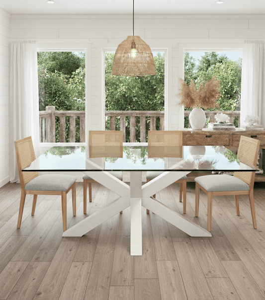 Juego de mesa de comedor Maria Blanca cubierta de vidrio y sillas Alma en madera Lenga. - banquetas | Greenwoods Chile