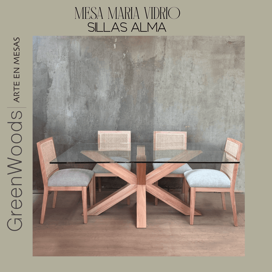 Juego de mesa de comedor María en madera lenga con cubierta de vidrio y sillas Alma, diseño artesanal hecho en Chile por Greenwoods.