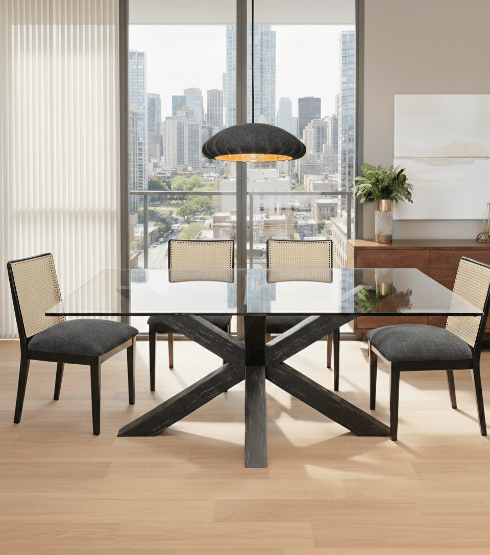 Juego de mesa de comedor Maria cubierta de vidrio y sillas Atenea en madera Lenga. - banquetas | Greenwoods Chile