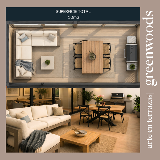 Diseño de terraza de 10 m² con muebles a medida Greenwoods, living exterior, comedor de terraza y parrilla integrada para aprovechar mejor el espacio.