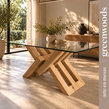 Mesa de comedor Cadena de lenga y vidrio, vista lateral de la base de listones entrelazados – Greenwoods Chile