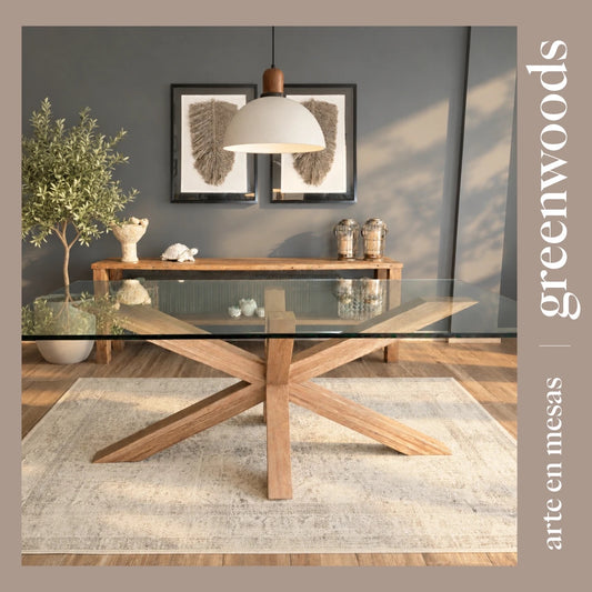 Mesa de comedor María de vidrio y madera lenga con base cruzada, sobre alfombra clara en un comedor moderno | Greenwoods Chile