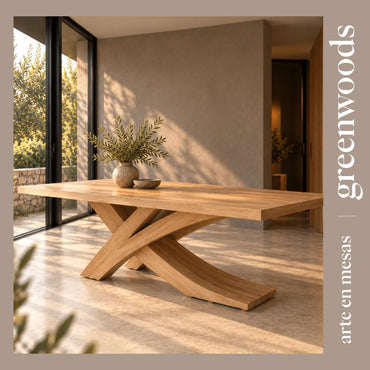 Mesa de comedor Picasso en lenga: detalle de la base cruzada curva y la cubierta de madera maciza