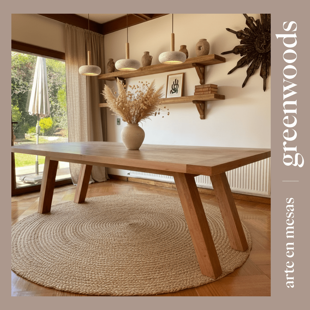 Mesa de comedor Madrid en madera maciza lenga, base estructural sólida y cubierta gruesa, fabricada a medida en Santiago