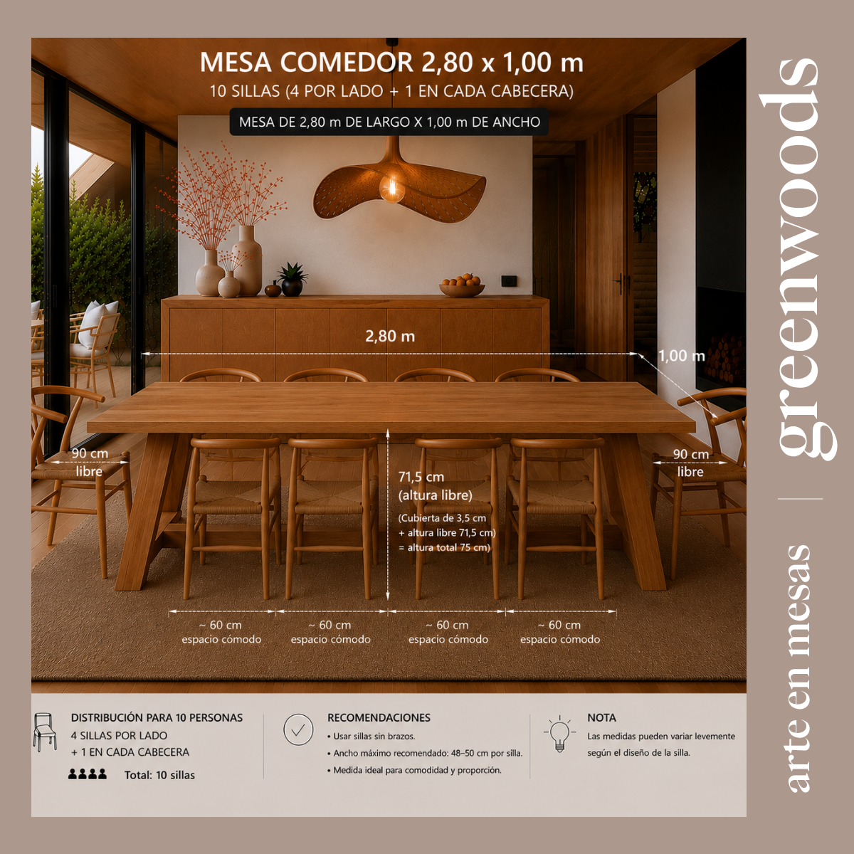 Mesa de comedor escandinava en madera lenga maciza en interior moderno con diseño minimalista, a medida 280 x 100 10 perosnas