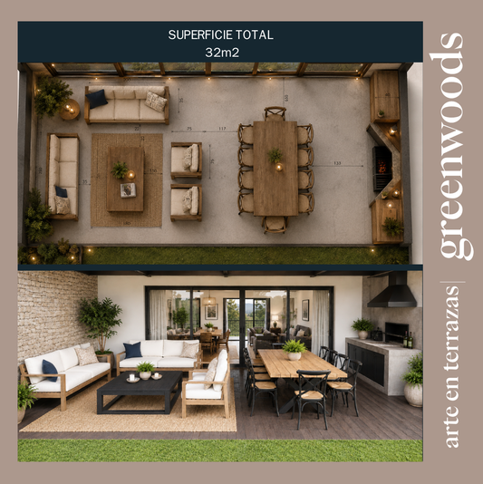 Diseño de terraza de 32 m² con muebles a medida Greenwoods, living exterior, comedor de terraza y parrilla integrada para aprovechar mejor el espacio.