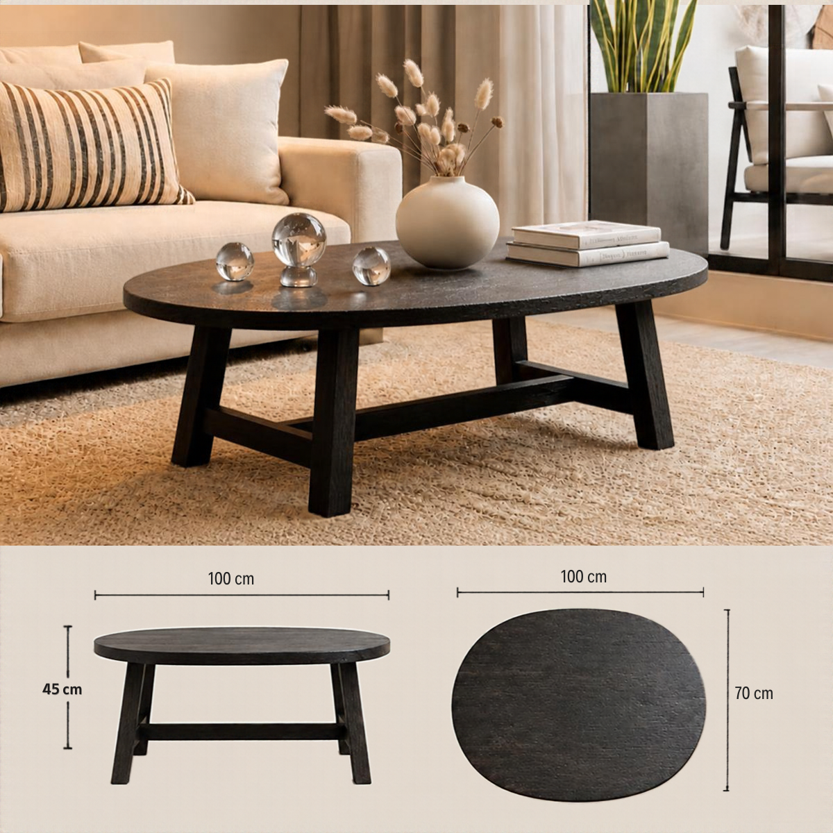 Mesa de centro madera carbonizada Ovalada modelo Black