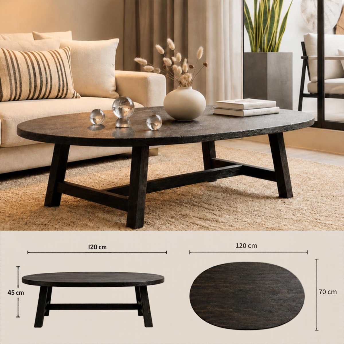 Mesa de centro madera carbonizada Ovalada modelo Black