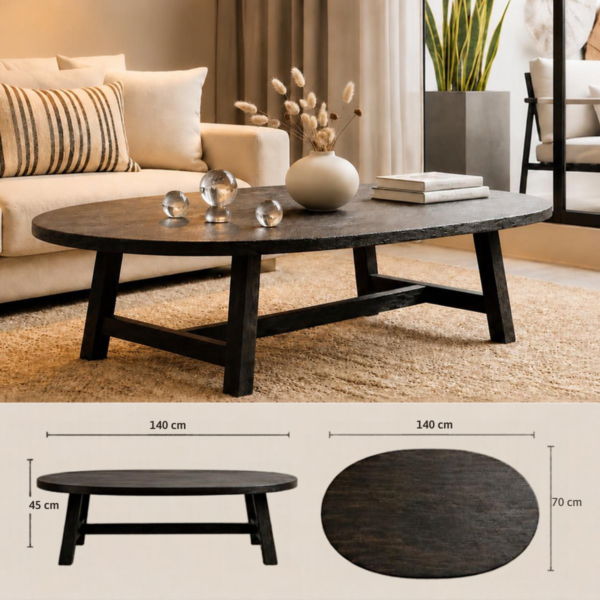 Mesa de centro madera carbonizada Ovalada modelo Black