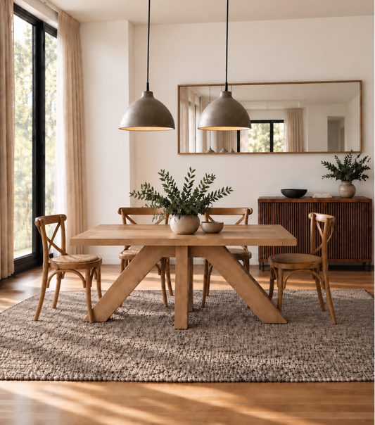 Juego de comedor de madera lenga Francia con sillas Cruzeta café