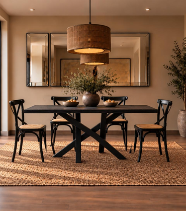 Juego de comedor de madera carbonizada Da Vinci con sillas Cruzeta negras, mesa corta