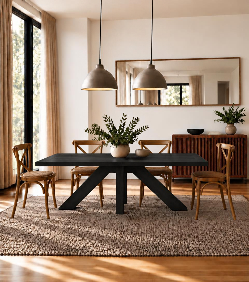 Juego de comedor negro Francia de madera carbonizada, mesa corta con sillas Cruzeta