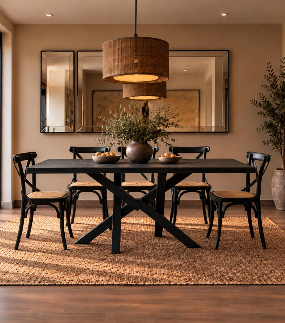 Juego de comedor carbonizado Da Vinci con base de fierro y sillas Cruzeta, mesa mediana