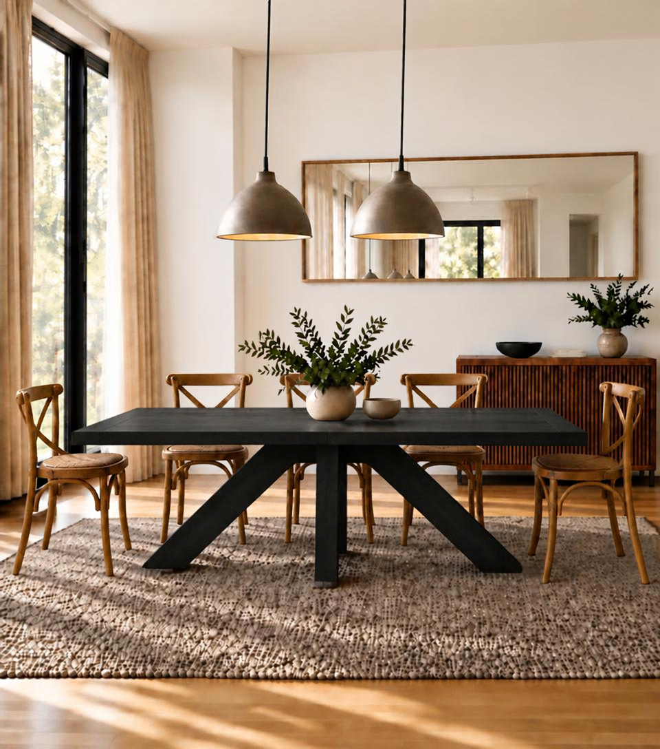 Juego de comedor Francia carbonizado con mesa mediana y sillas Cruzeta café