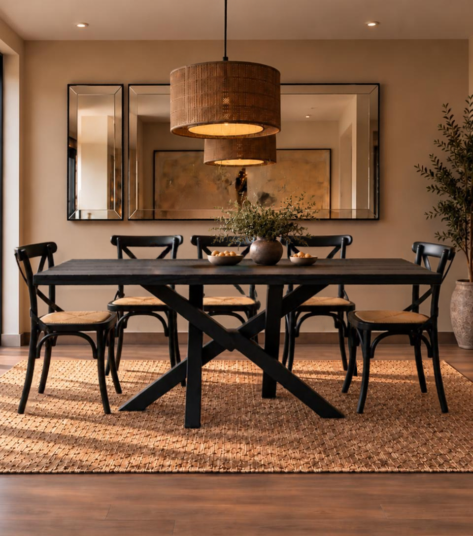 Juego de Comedor mesa Da Vinci carbonizada con Sillas Cruzeta negras (a Medida )