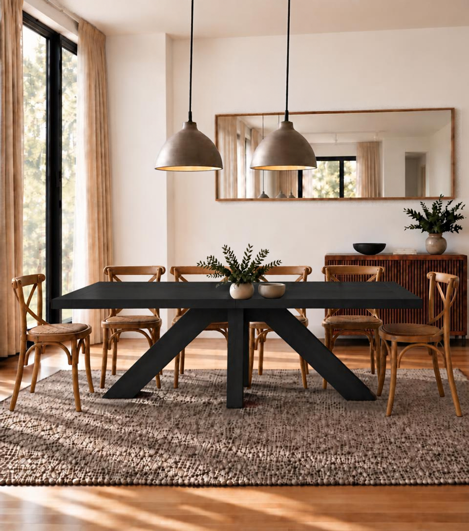 Juego de comedor de madera carbonizada Francia con mesa larga y sillas Cruzeta