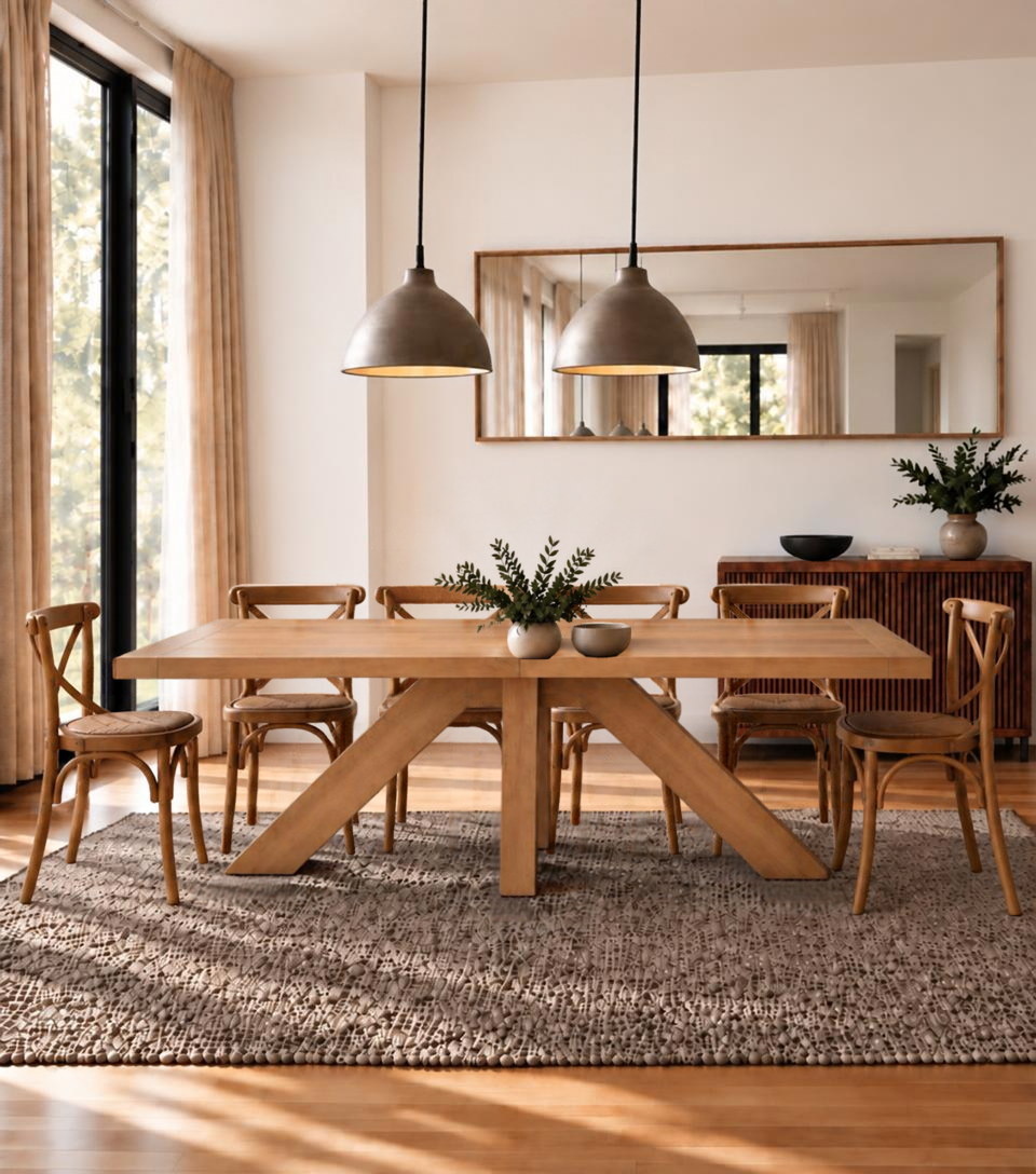 Juego de comedor Francia de lenga con mesa corta y sillas Cruzeta café