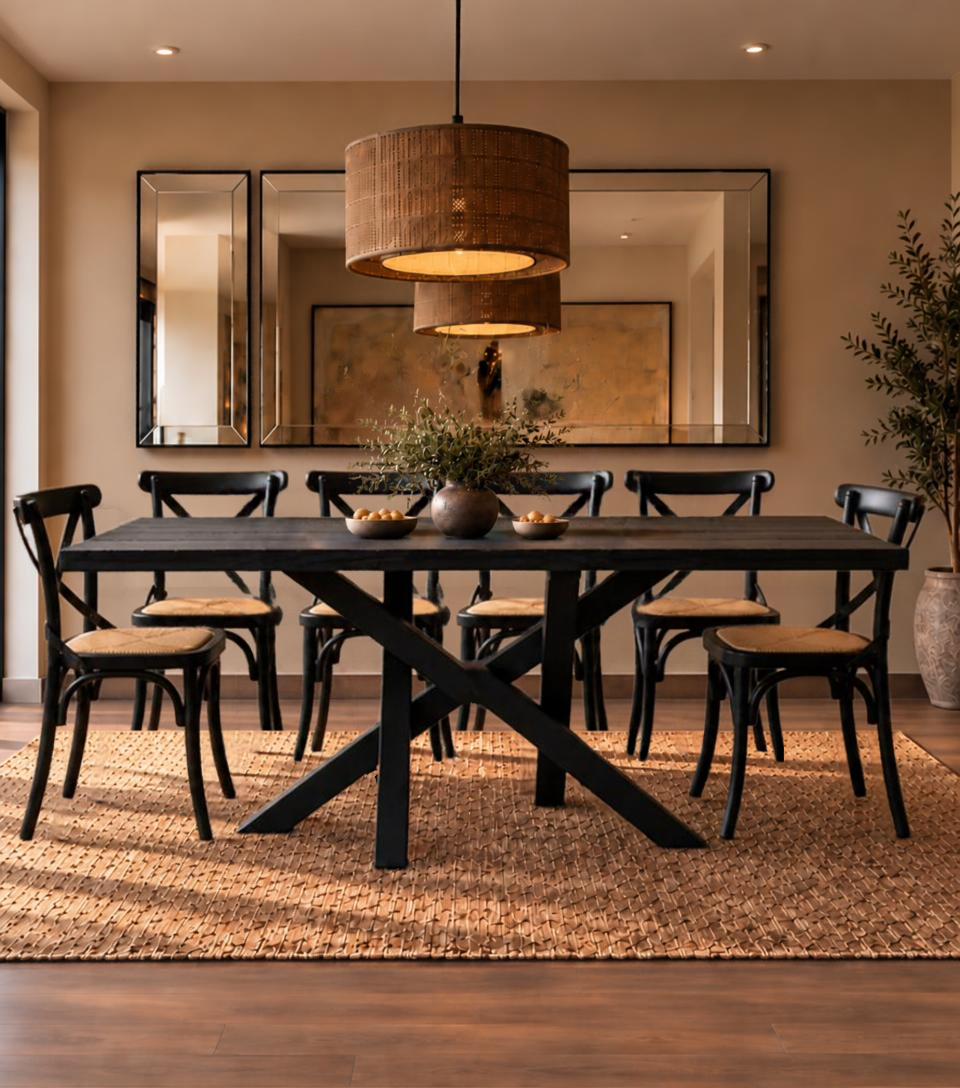 Juego de Comedor mesa Da Vinci carbonizada con Sillas Cruzeta negras (a Medida )