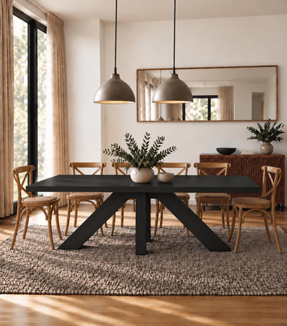 Juego de comedor Francia negro con mesa extra larga carbonizada y sillas Cruzeta