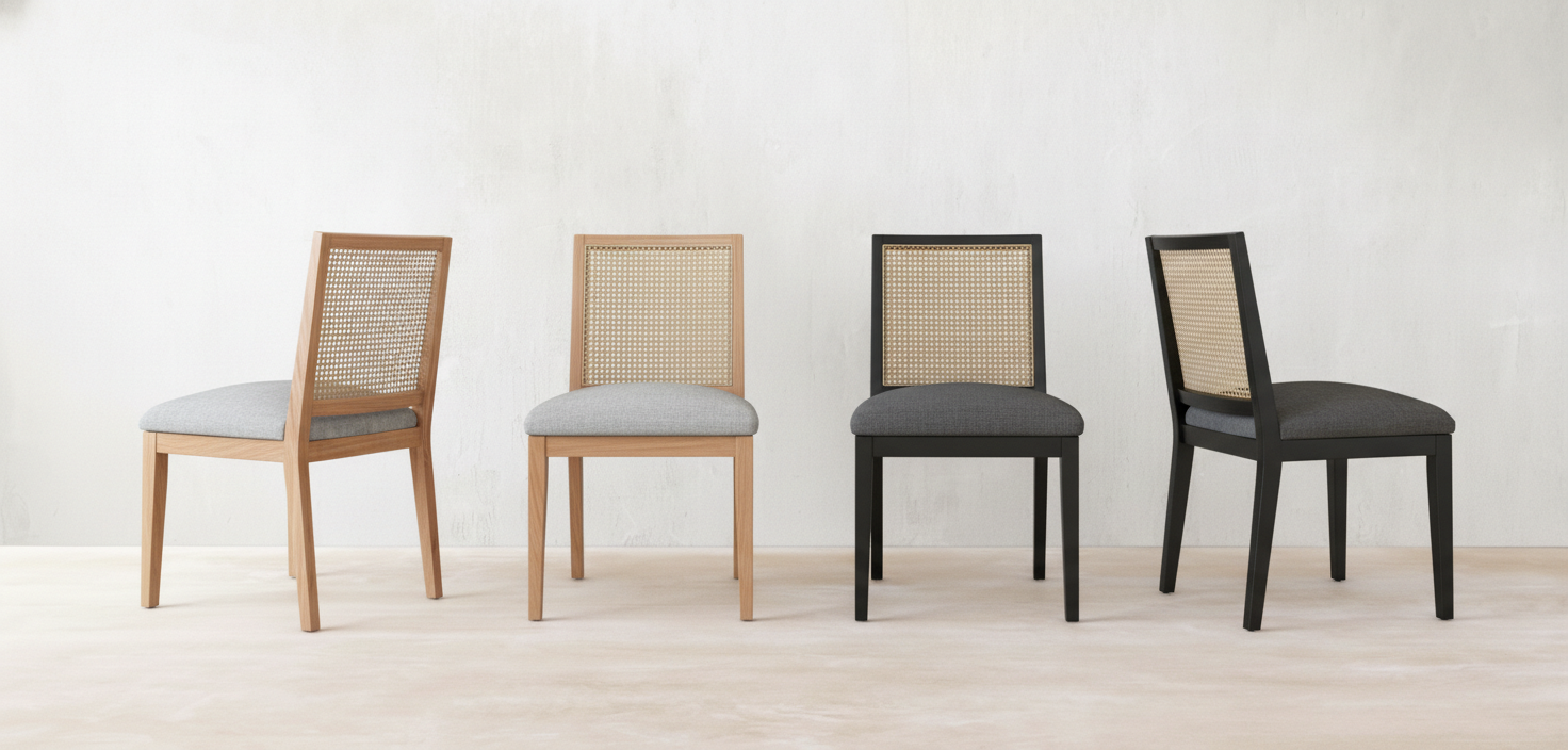 Sillas de comedor en madera maciza con respaldo de rejilla natural y tapizado gris – Greenwoods Chile