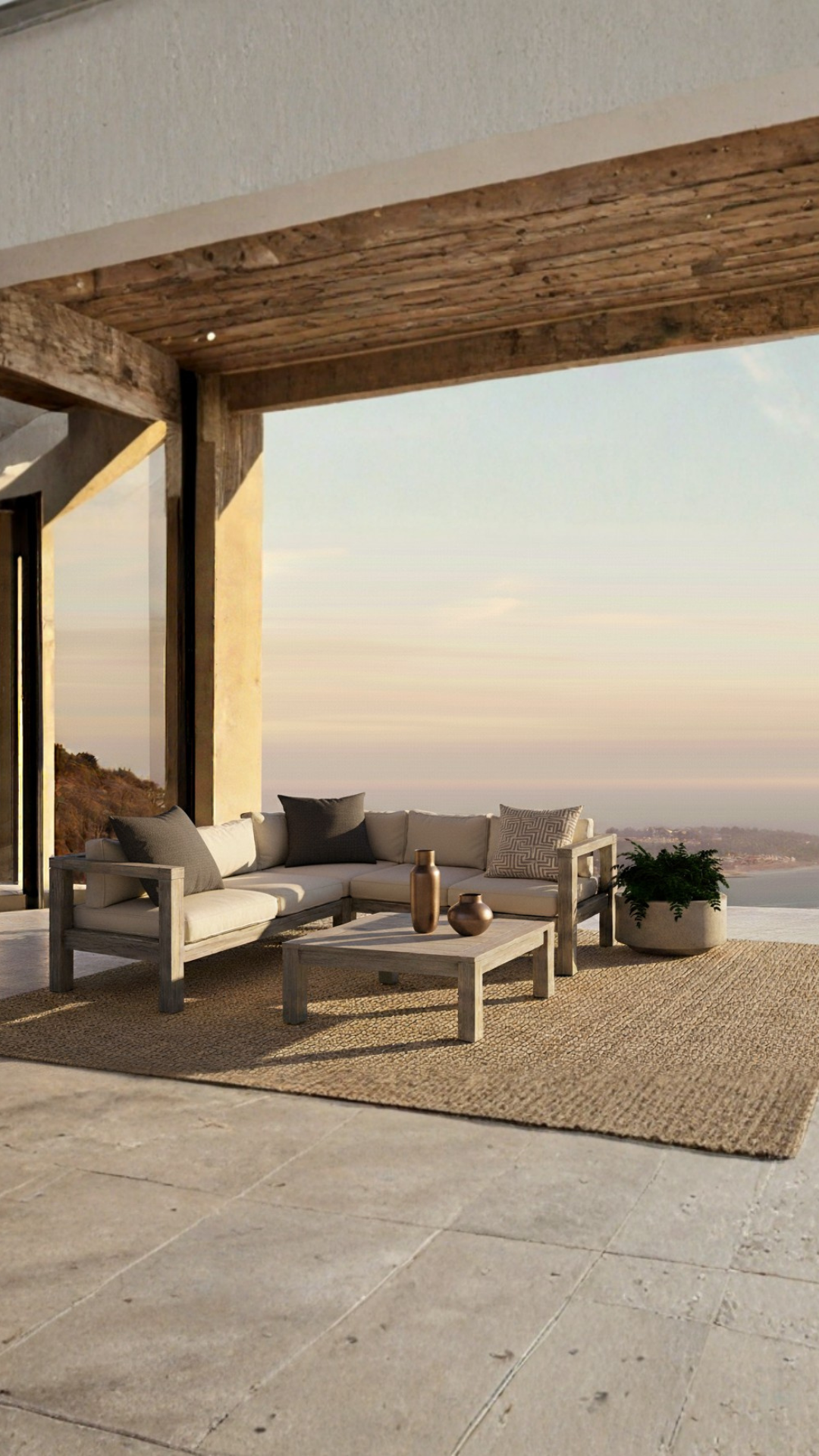 Terraza con muebles a medida en madera maciza, proyecto de diseño de espacios exteriores en Santiago