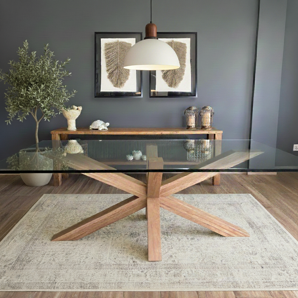 Mesa de comedor a medida con base de madera y cubierta de vidrio, diseño contemporáneo fabricado artesanalmente en Chile
