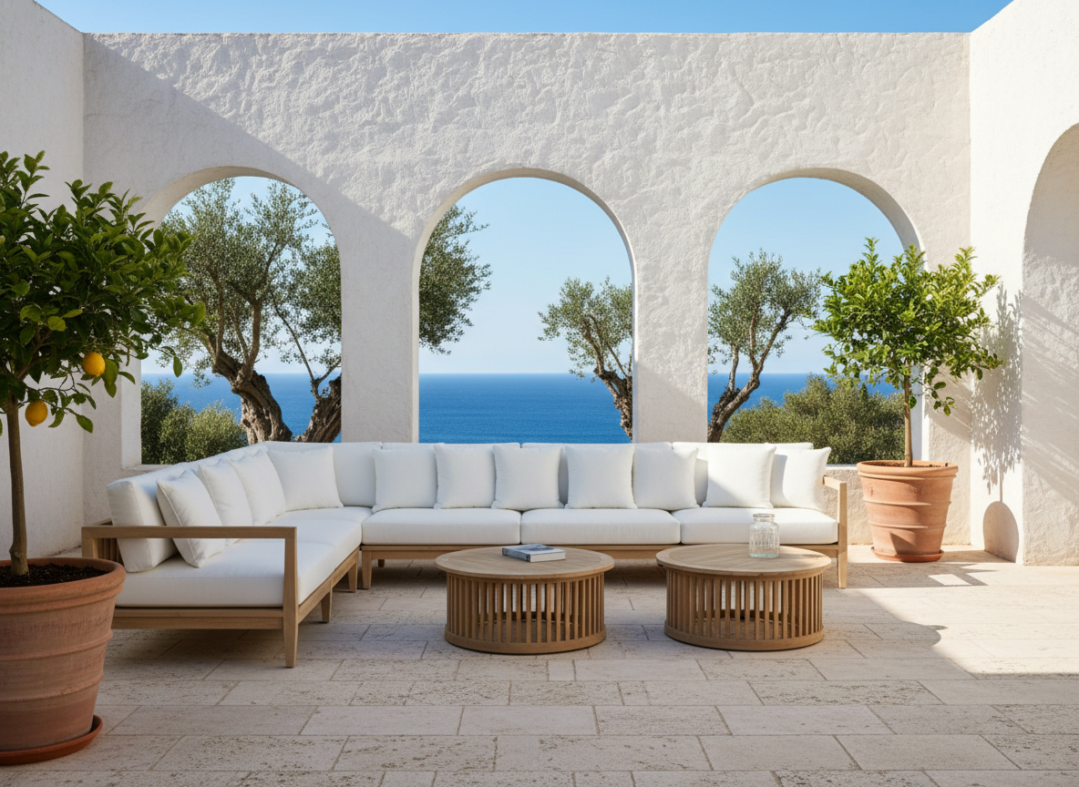 Muebles de terraza en madera maciza, sofá seccional y mesas de centro en espacio exterior