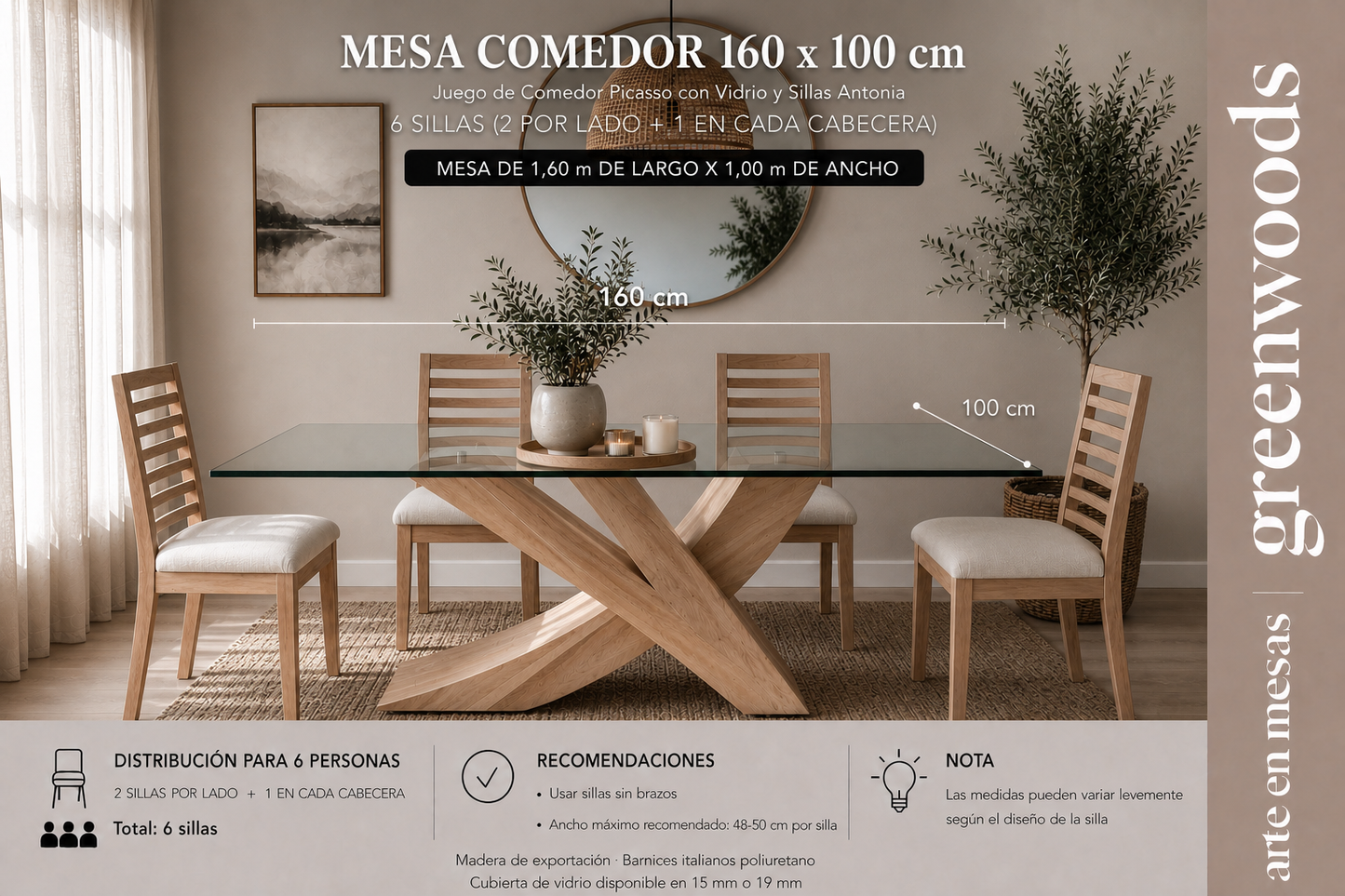 Juego de Comedor Picasso con Vidrio y Sillas Antonia | Greenwoods