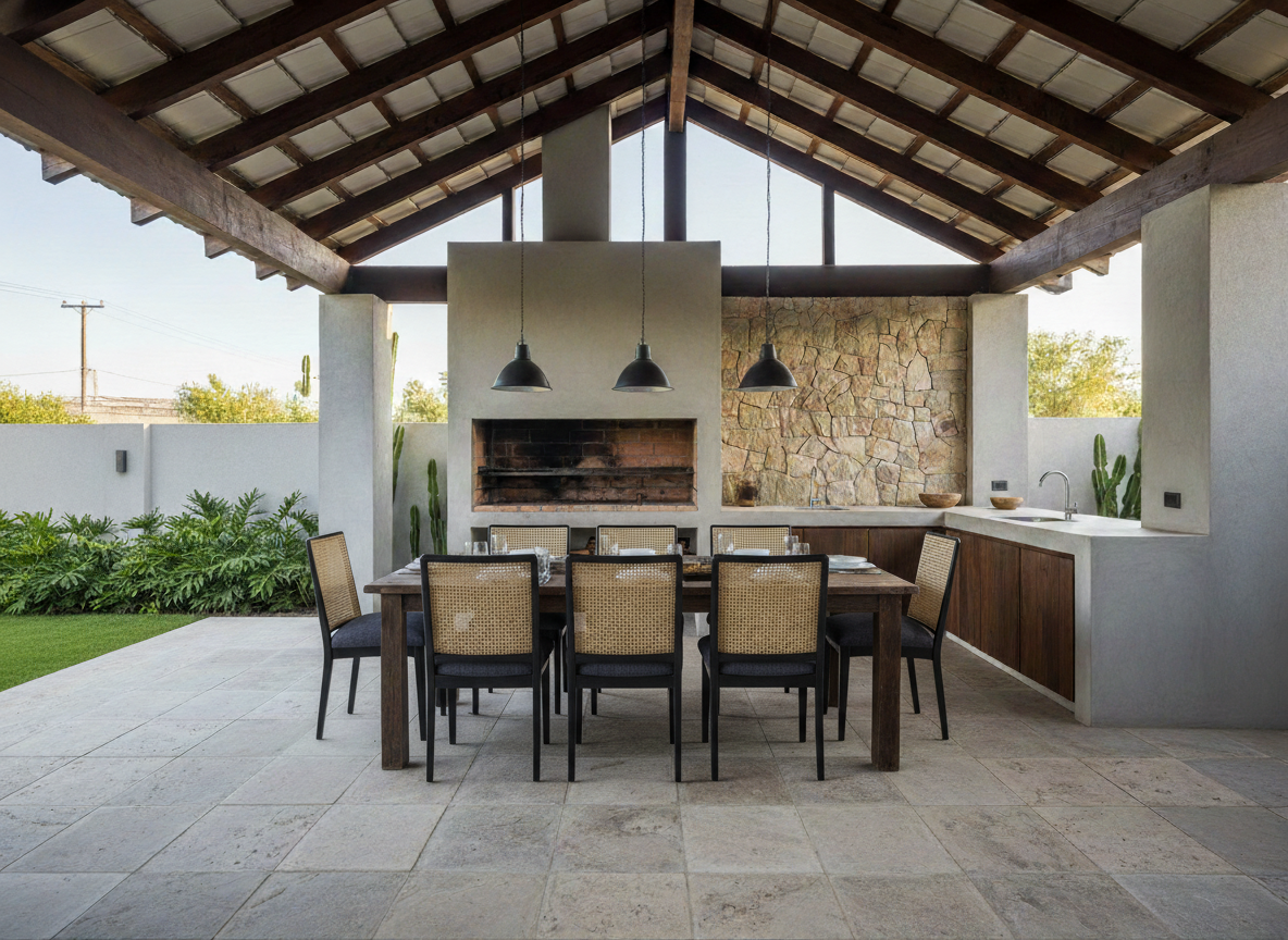 Proyecto de quincho y comedor de terraza a medida en Santiago con mesa de madera maciza y estructura metálica