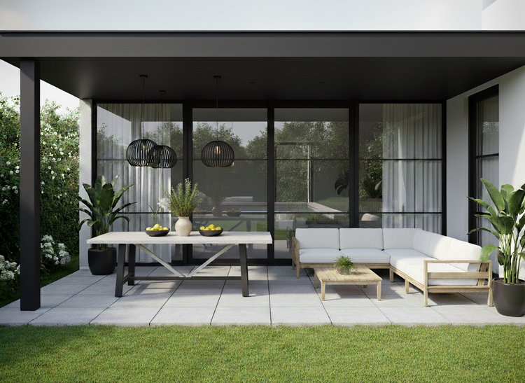 Comedor de terraza a medida en quincho moderno – proyecto de mobiliario exterior Greenwoods Santiago