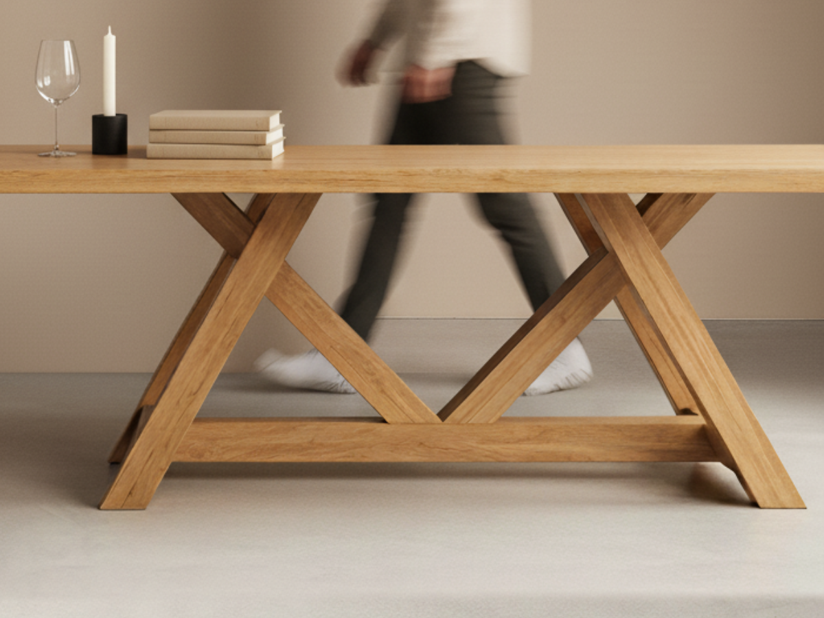 Mesa de comedor de madera maciza hecha a medida, base estructural en X, diseño artesanal para comedor contemporáneo.