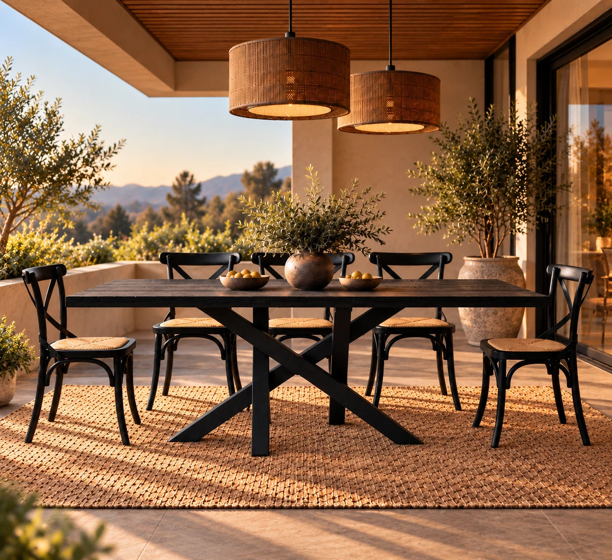 Comedor de terraza Da Vinci con cubierta carbonizada, base de fierro negro y 6 sillas Cruzeta negras – imagen referencial