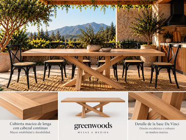Detalles de la mesa Da Vinci en lenga: cubierta maciza con cabezal continuo y base cruzada