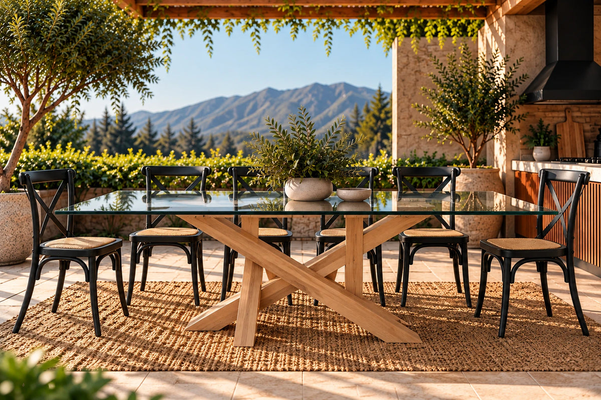 Comedor de terraza Da Vinci con cubierta de vidrio, base de lenga y sillas Cruzeta negras – Greenwoods