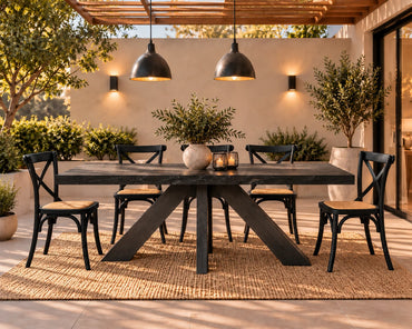 Comedor de terraza Francia con mesa carbonizada y 6 sillas Cruzeta negras – imagen referencial