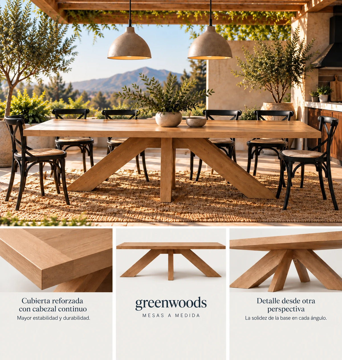 Mesa Francia en madera lenga: conjunto en terraza, cubierta reforzada con cabezal continuo y detalle de la base – imagen referencial