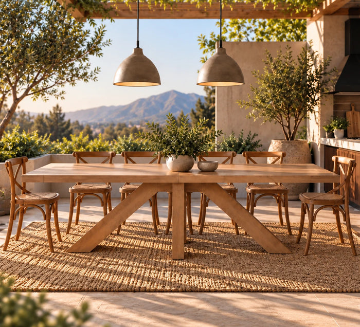 Comedor de terraza Francia en madera lenga natural con 6 sillas Cruzeta café – imagen referencial