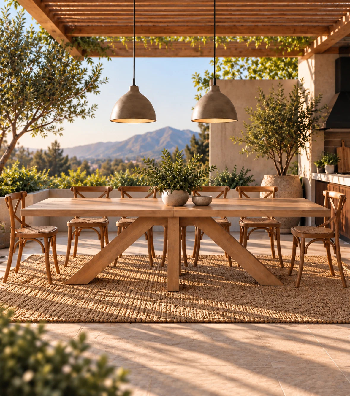 Comedor de terraza Francia en madera lenga natural con 6 sillas Cruzeta café – imagen referencial