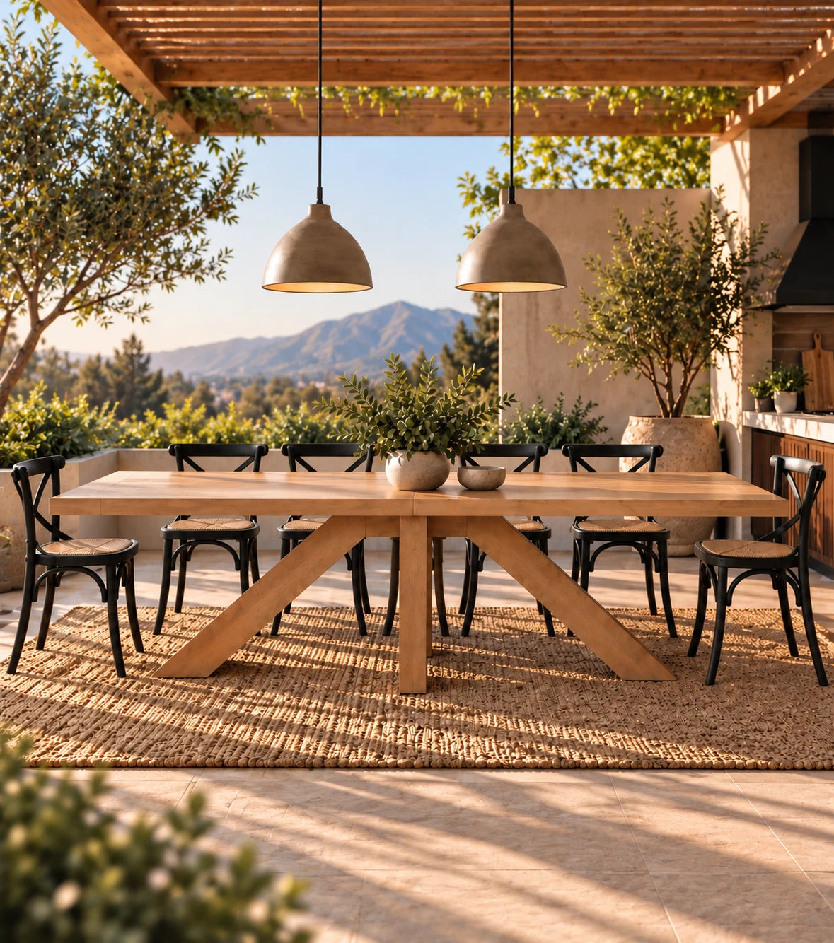 Comedor de terraza Francia en madera lenga natural con 6 sillas Cruzeta negras – imagen referencial