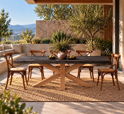 Comedor de terraza María con cubierta carbonizada, base de lenga y 8 sillas Cruzeta café