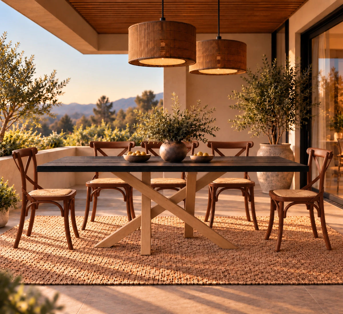 Comedor de terraza con cubierta de madera carbonizada, base de lenga natural y sillas Cruzeta café – imagen referencial