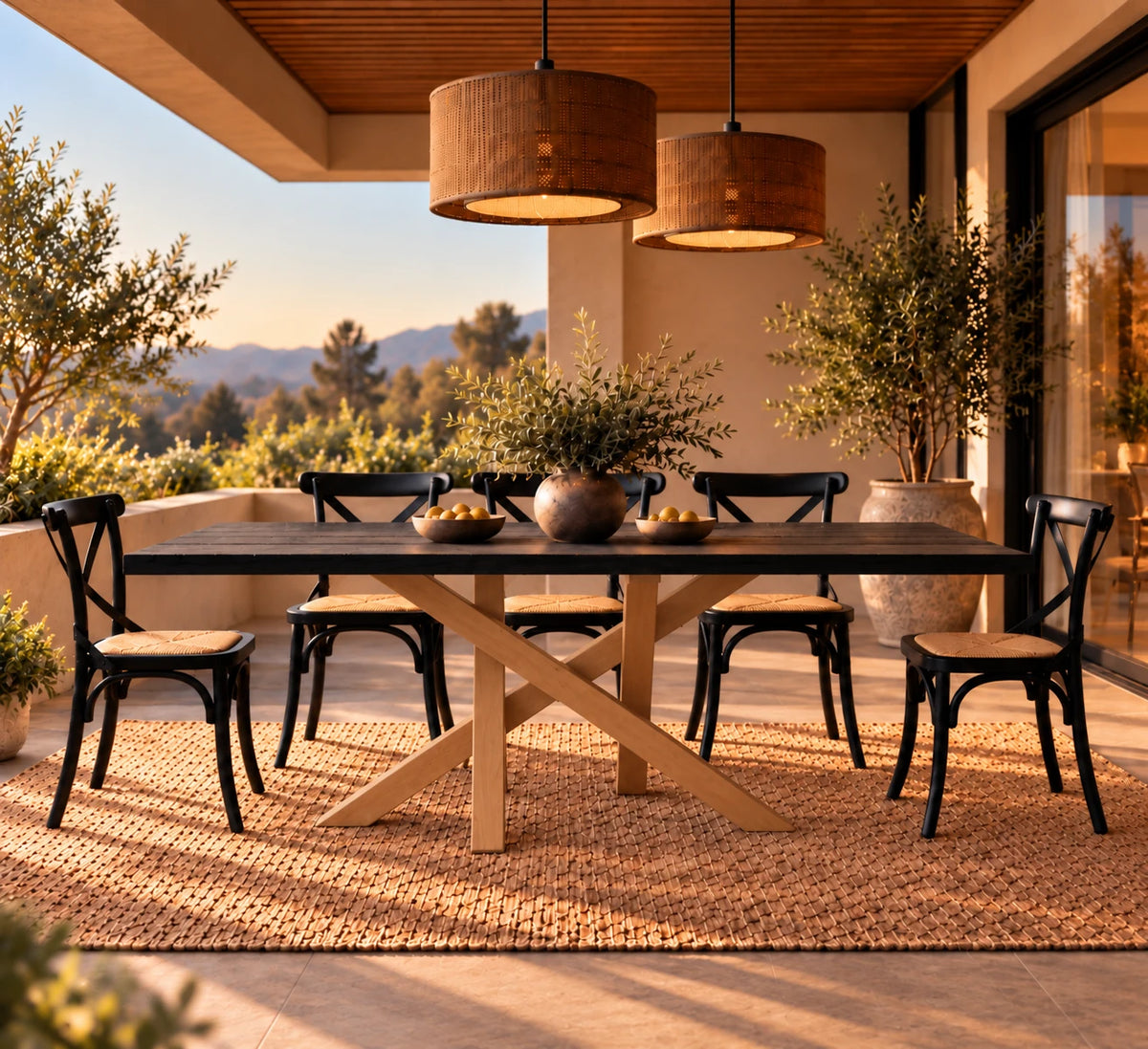 Comedor de terraza con cubierta de madera carbonizada, base de lenga natural y sillas Cruzeta negras – imagen referencial